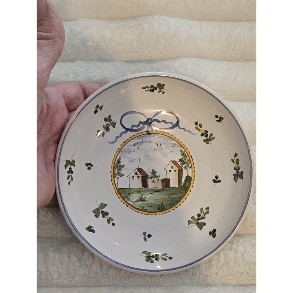 Fayence Faince Plate Marked Naive Blue Ribbon Farm Houses Scene Auxerouse Paintd